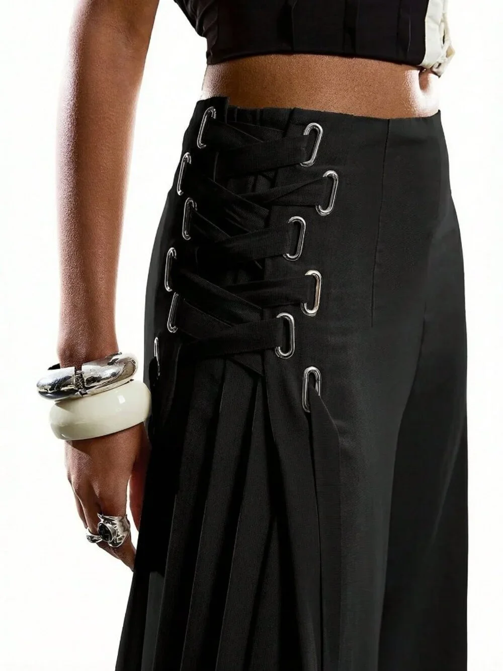 Black Women's Minimalist Casual lace up detailed pleated wide legged pants